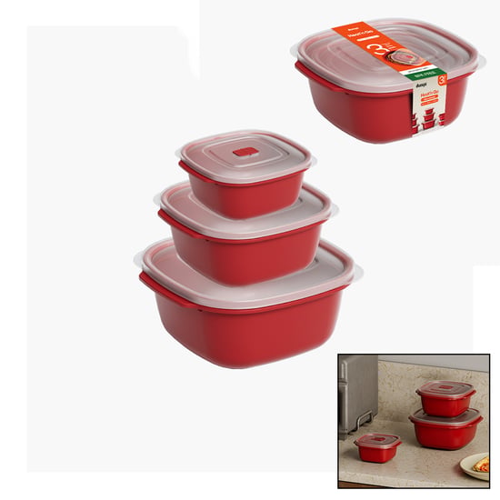 Dünya 31256-854 ( 3 Pcs ) Kırmızı Kare Saklama Kabı Seti ( 550-1100-2200ml )