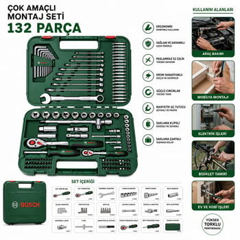 Bosch 1 600 A02 Z9b 1/ 2 İnç , 1/ 4 İnç Cırcır Kol, 10'lu Alyan, Lokma - Bits - Uzatma Uçları ve Kombine Anahtar 132'li