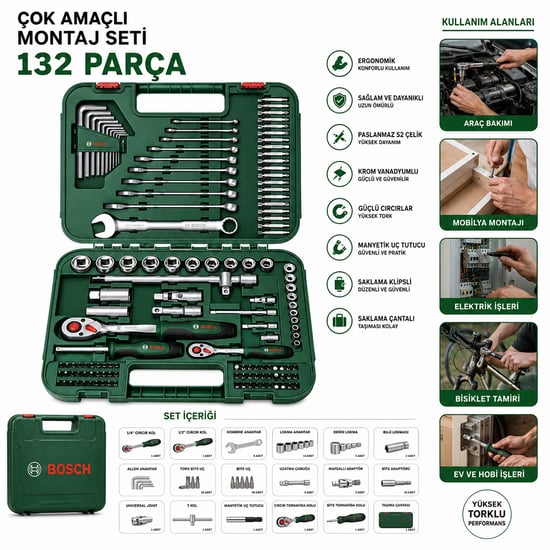 Bosch 1 600 A02 Z9b 1/ 2 İnç , 1/ 4 İnç Cırcır Kol, 10'lu Alyan, Lokma - Bits - Uzatma Uçları ve Kombine Anahtar 132'li