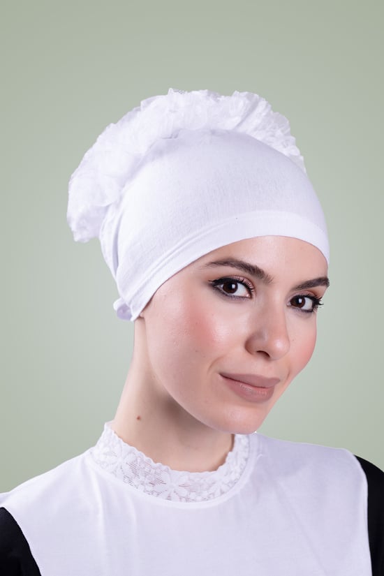 Hürrem Bone Beyaz Arkadan Bağlamalı Tesettür Bone Viskon Kumaş Fırfır Bone 1006_42