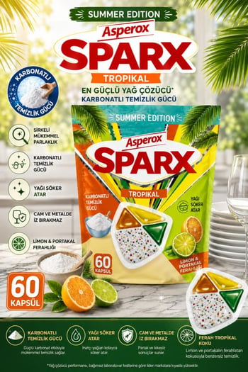 Asperox Sparx Tropikal Bulaşık Makinesi Kapsülü 60’lı – Karbonatlı Güçlü Yağ Çözücü, Narenciye Ferahlığı, Summer Edition