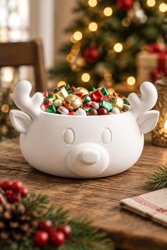Sonbahar ve Noel Temalı Ren Geyiği Figürlü Bowl - Sunum Kabı Beyaz