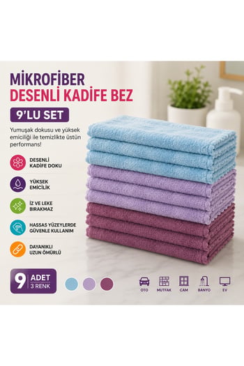 Molto 30x30 Düz Mikrofiber Kadife Temizlik Bezi 9'lu Set – Ultra Yumuşak, İz & Tüy Bırakmaz