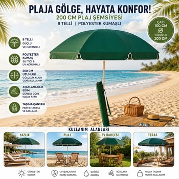 Skybelt Sky-112 ( 200cm Saplı ) ( Çap:100*100cm ) ( Düz - Tek Renk ) Plaj Şemsiyesi ( Omuz Askı Çantalı ) ( 8 Telli & Fiberglass ) ( Polyester Kumaş )