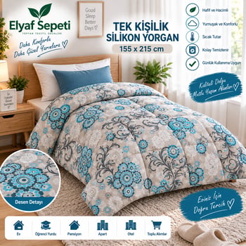 Elyaf Sepeti 5’li Toptan Tek Kişilik Silikon Yorgan 155x215 Cm – Mavi Çiçekli