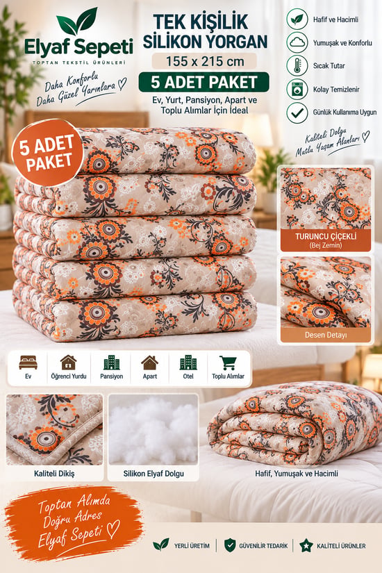 Elyaf Sepeti 5’li Toptan Tek Kişilik Silikon Yorgan 155x215 Cm -turuncu Çiçekli