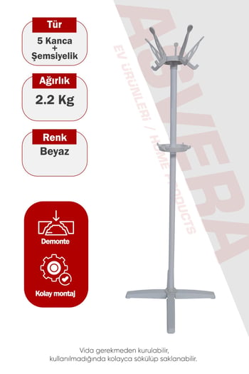 Asvera 33-006 Portatif Ayaklı Portmanto Askılık - Ekonomik Demonte Elbise ve Şapka Askısı