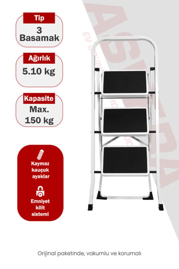 Asvera Space 3 Basamaklı Ev Tipi Metal Merdiven - Katlanır Geniş Kaymaz Mutfak ve Ev Merdiveni Slim