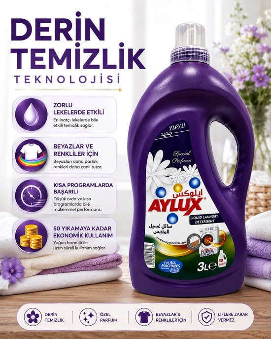 Aylux Sıvı Çamaşır Deterjanı 3l (50+ Yıkama) Beyazlar & Renkliler Mor