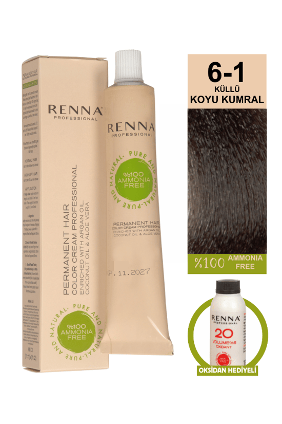 Renna Bitkisel Amonyaksız Saç Boyası 60 Ml 6-1 Küllü Koyu Kumral Oksidan Hediyeli