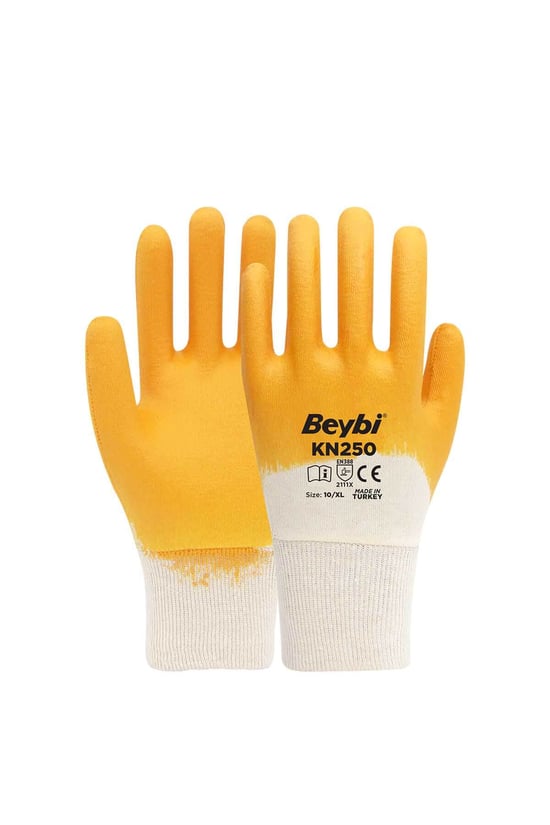 Beybi Kn250 Sarı Pamuk Nitril İş Eldiveni 10 Beden 12 Çift