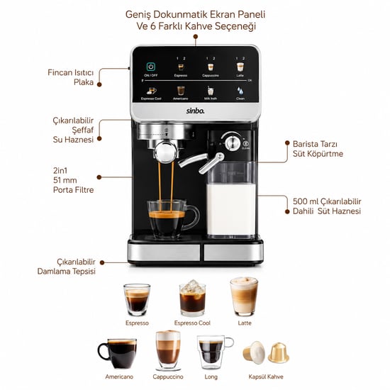 Sinbo Scm-2996 Pro ( Siyah ) Espresso Kahve Makinesi ( 6 Farklı Kahve ) ( 1.5lt Su Hazne & 500ml Süt Hazne )