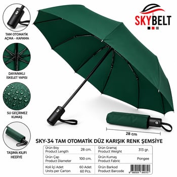 Skybelt Sky-34 ( Erkek & Bayan & Tam Otomatik ) Erkek Şemsiye ( Siyah )