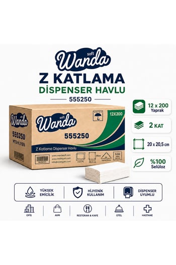 Z Katlama Kağıt Havlu 20x20,5 Cm 12'li X 200 Yaprak 2 Kat %100 Selüloz Dispenser Uyumlu