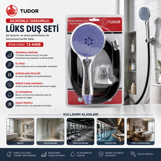 Tudor Tdr-253 Milano ( Vakumlu & Silikon ) Lüks Duş Seti (duş Başlık=mix) (silikon Hortum=1.5mt) (mafsal=3 Kademe)