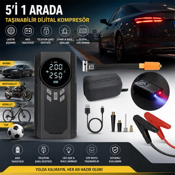 Yage Ka-841 ( 4in1 ) Akü Takviyeli Kompresörlü Hava Pompası ( Dijital Ekran ) ( 12v ) ( Akü Takviye & Lastik Şişirme & Powerbank & Fener )