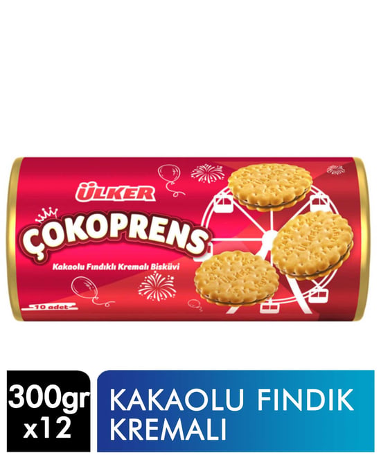 Ülker Çokoprens Sandviç Bisküvi 300 Gr X 12'li Koli Kakaolu Fındık Kremalı