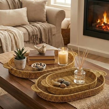 BUFFER® İç İçe Geçebilen 3’lü Oval Plastik Rattan Tepsi Seti–Hasır Görünümlü Çok Amaçlı Servis ve Su