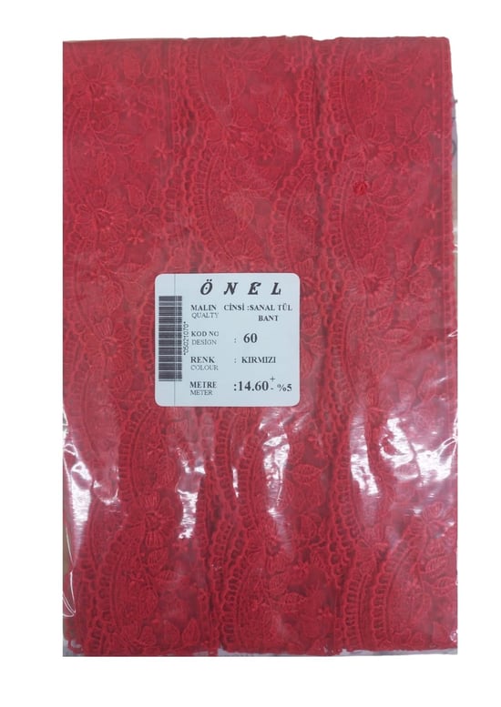 Dantel Polyester Sanal Tül Bant Kırmızı 14,60 Metre En 6 Cm On-60-k