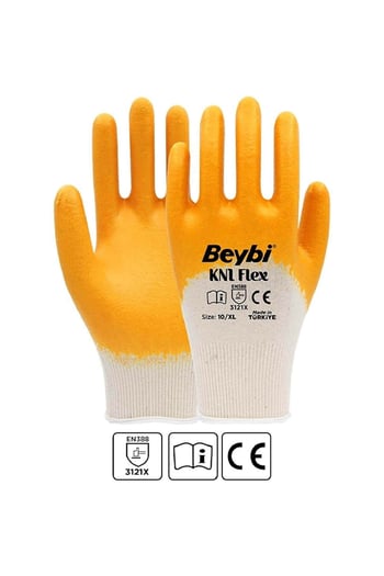 Beybi Kn1 Flex Sarı Pamuk Nitril İş Eldiveni 10 Beden 12 Çift