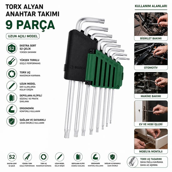 Bosch-1 600 A02 Z9c ( 429 ) ( 9pcs ) ( Krom ) ( Uzun & Yıldız ) Alyan ( Allen ) Anahtar Takımı