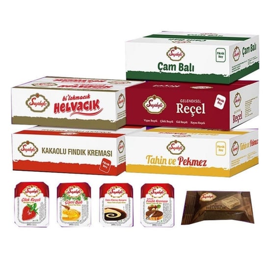 Seyidoğlu Kahvaltılık Mini Paket Seti – Çam Balı, Fındık Kreması, Çilek Reçeli, Kakaolu Helva, Tahin