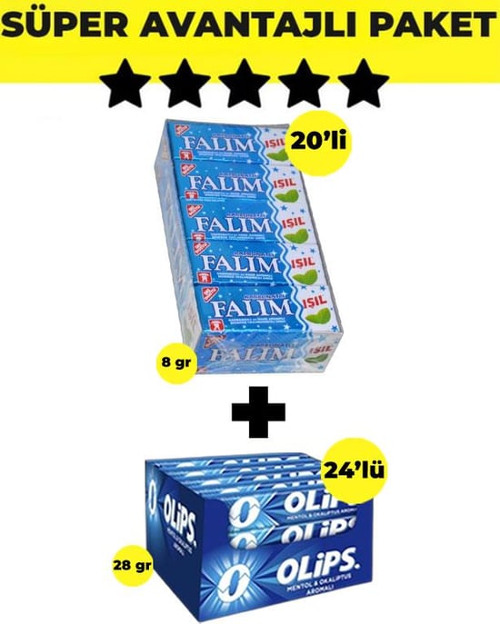 Falım İşıl Karbonatlı & Nane Aromalı Sakız (5'li X 20 Adet)- Olips Mentol Okaliptüs Şekerleme 24'lü Paket (28gr X 24 Adet) - Avantajlı Falım Olips Paketi