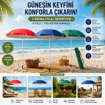 Skybelt Sky-122 ( 170cm Saplı ) ( Çap: 85*85cm ) ( Düz - Tek Renk ) Plaj Şemsiyesi ( 8telli & Fiberglass ) ( Polyester Kumaş )