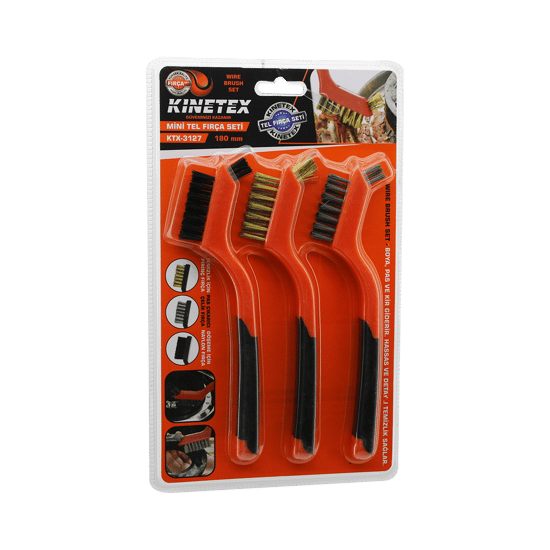 Kinetex Ktx-3127 (3pcs) Mini Tel Fırça Seti (prinç F.=temizlik) (çelik F.=pas Çıkarıcı) (naylon F.=döşeme) (çift Yön) (180mm)