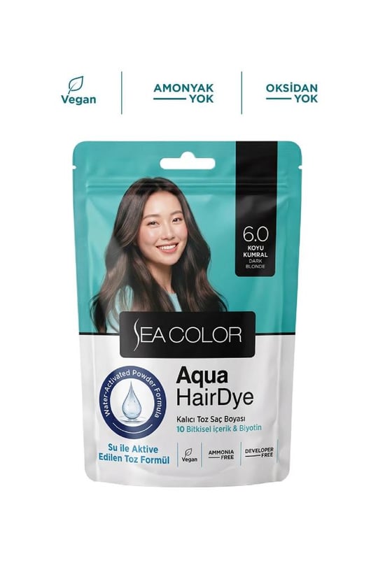 Sea Color Aqua Hair Dye Vegan & Amonyaksız Su ile Aktive Edilen Kalıcı Saç Boyası Toz 6.0 Açık Kumral