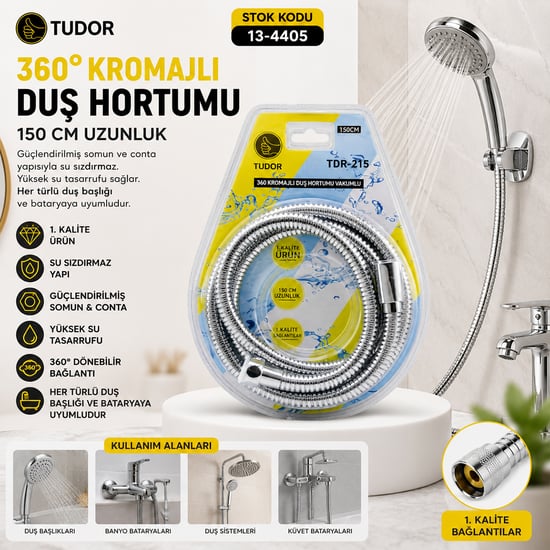 Tudor Tdr-215 ( 360° & Metal ) Duş Hortumu ( 150cm ) ( Vakumlu Ambalaj