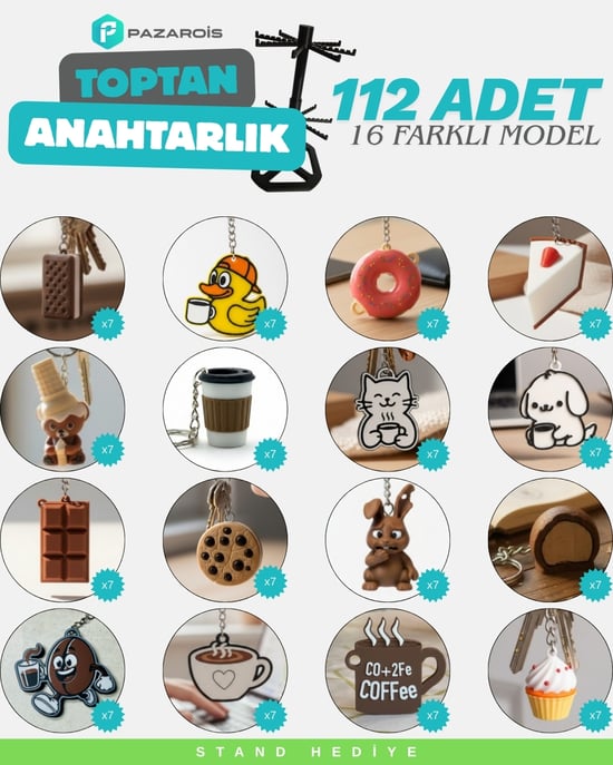 Toptan 112 Adet Kafelere Özel Figürlü Anahtarlık Karma Paket