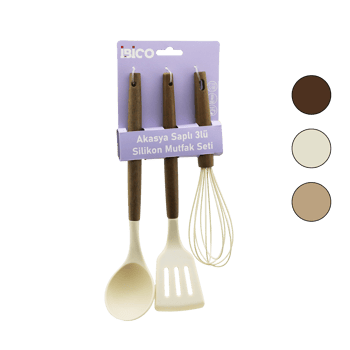 İ22-012 ( 3pcs ) ( Renkli Silikon ) Mutfak Seti ( Çırpıcı & Kepçe & Spatula ) ( Ahşap & Akasya Saplı )