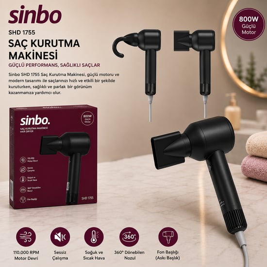 Sinbo Shd-1755 ( Siyah ) Saç Kurutma Makinesi ( 110.000 Rpm ) ( Sessiz Çalışma & 3 Hız - Sıcaklık Ayar )