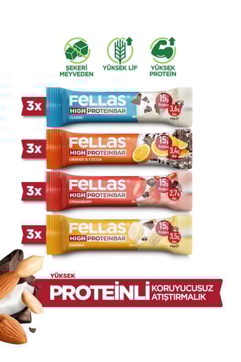 Yüksek Protein Bar 45g Karma Kutu 12 Adet (4 Çeşit)