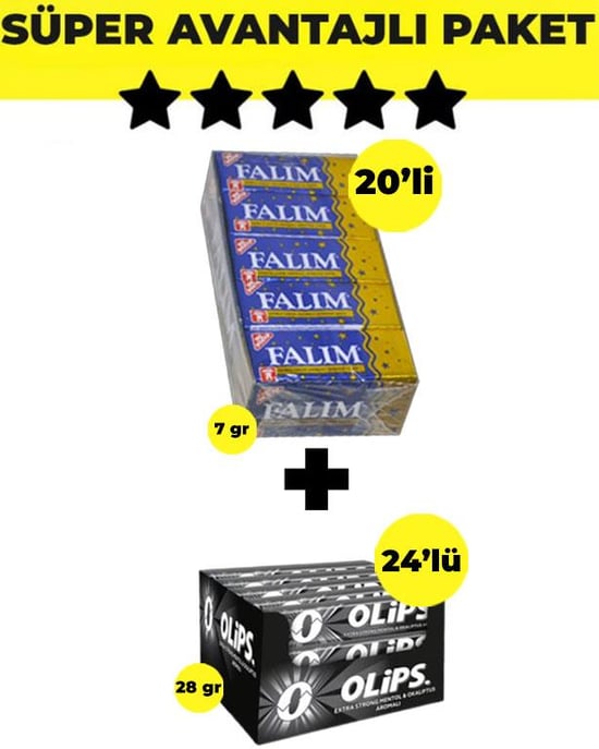 Falım Damla Aromalı Sakız (5'li X 20 Adet)- Olips Keskin Mentol Şekerleme 24'lü Paket (28gr X 24 Adet) - Avantajlı Falım Olips Paketi