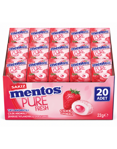 Mentos Pure Fresh Çilek Aromalı Şekersiz Tatlandırıcılı Draje Sakız 22 Gr X 20 Adet