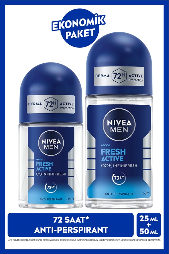 Men Erkek Roll-on Deodorant Fresh Active 50ml ve Mini Roll-on 25ml, Seyahat Boyu, 72 Saat Koruma