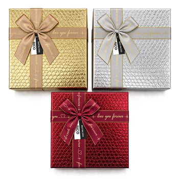 İ12-085 (3pcs) (kare) (parlak Mix Renkli & Kabartma Desen) Karton Hediye Kutusu (kurdelalı) (19-17-15cm)