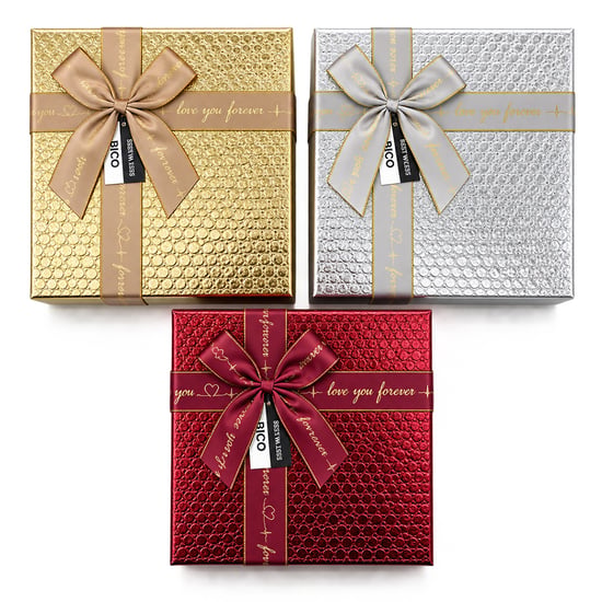 İ12-085 (3pcs) (kare) (parlak Mix Renkli & Kabartma Desen) Karton Hediye Kutusu (kurdelalı) (19-17-15cm)
