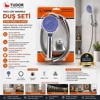 Tudor Tdr-254 ( Vakumlu & Krom ) Lüks Duş Seti ( Metal Yaylı Hortum=150cm ) (mafsal )