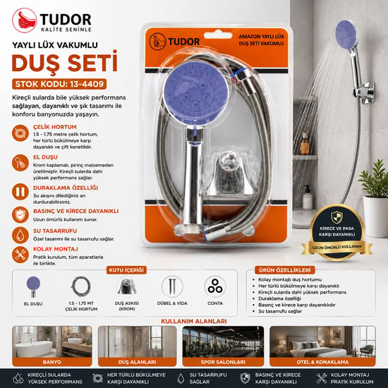Tudor Tdr-254 ( Vakumlu & Krom ) Lüks Duş Seti ( Metal Yaylı Hortum=150cm ) (mafsal )