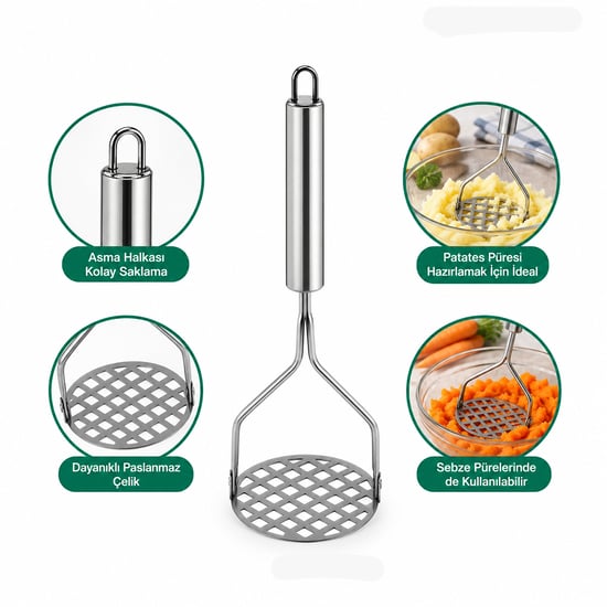 İ22-288 ( Yuvarlak ) ( Çap: 8cm ) ( Krom Saplı=10.5cm ) ( Metal ) Patates Ezici ( Toplam Uzunluk: 26cm )