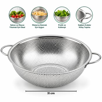 İ22-309 ( 31cm ) ( Metal Kulplu ) ( Çelik Sepet ) Süzgeç ( İnce Tel Ayaklı )