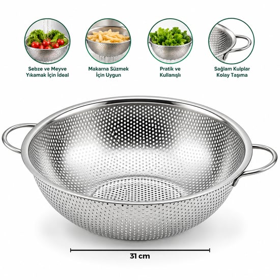 İ22-309 ( 31cm ) ( Metal Kulplu ) ( Çelik Sepet ) Süzgeç ( İnce Tel Ayaklı )