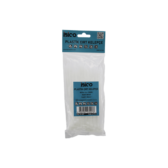 İ13-007 ( Beyaz ) ( 3.6x150mm ) ( Plastik ) Cırt Kelepçe ( Kablo Bağı ) ( 100pcs )