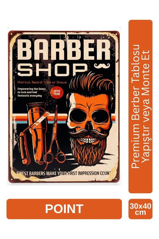 Point Barber Shop Kuaför Salonu için Parlak Metal Tablo 30x40 Cm Pctr-2006