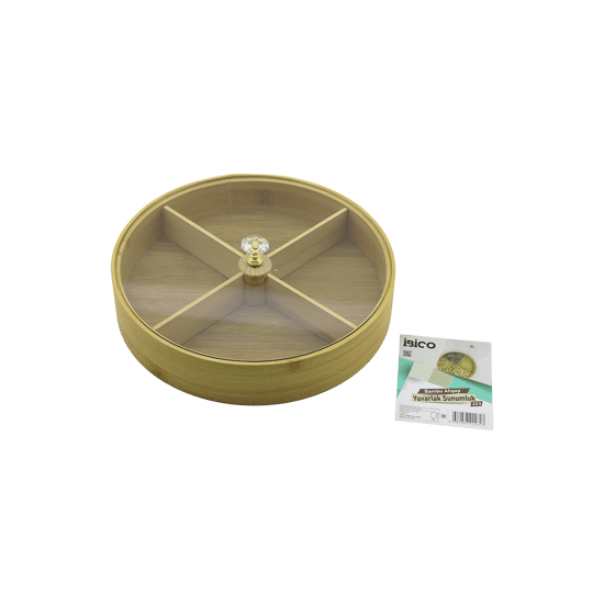 İ22-262 ( Yuvarlak ) ( 4 Bölmeli ) (ahşap Bambu) Servis Sunumluk (çok Amaçlı Kutu) ( Çap: 22cm=24.9cm & D: 5cm ) (mika Pls. Kapak=kristal Pls.tutacak)