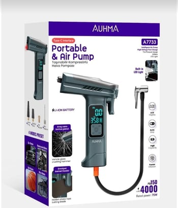 Auhma A7733 Taşınabilir Kompresörlü Hava Pompası 4000mAh150 PSI Dijital LCD