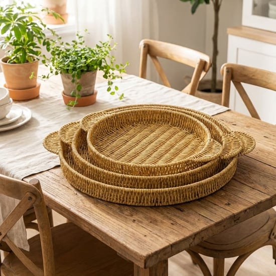 BUFFER® İç İçe Geçebilen 3’lü Yuvarlak Plastik Rattan Tepsi Seti–Hasır Görünümlü Çok Amaçlı Servis v